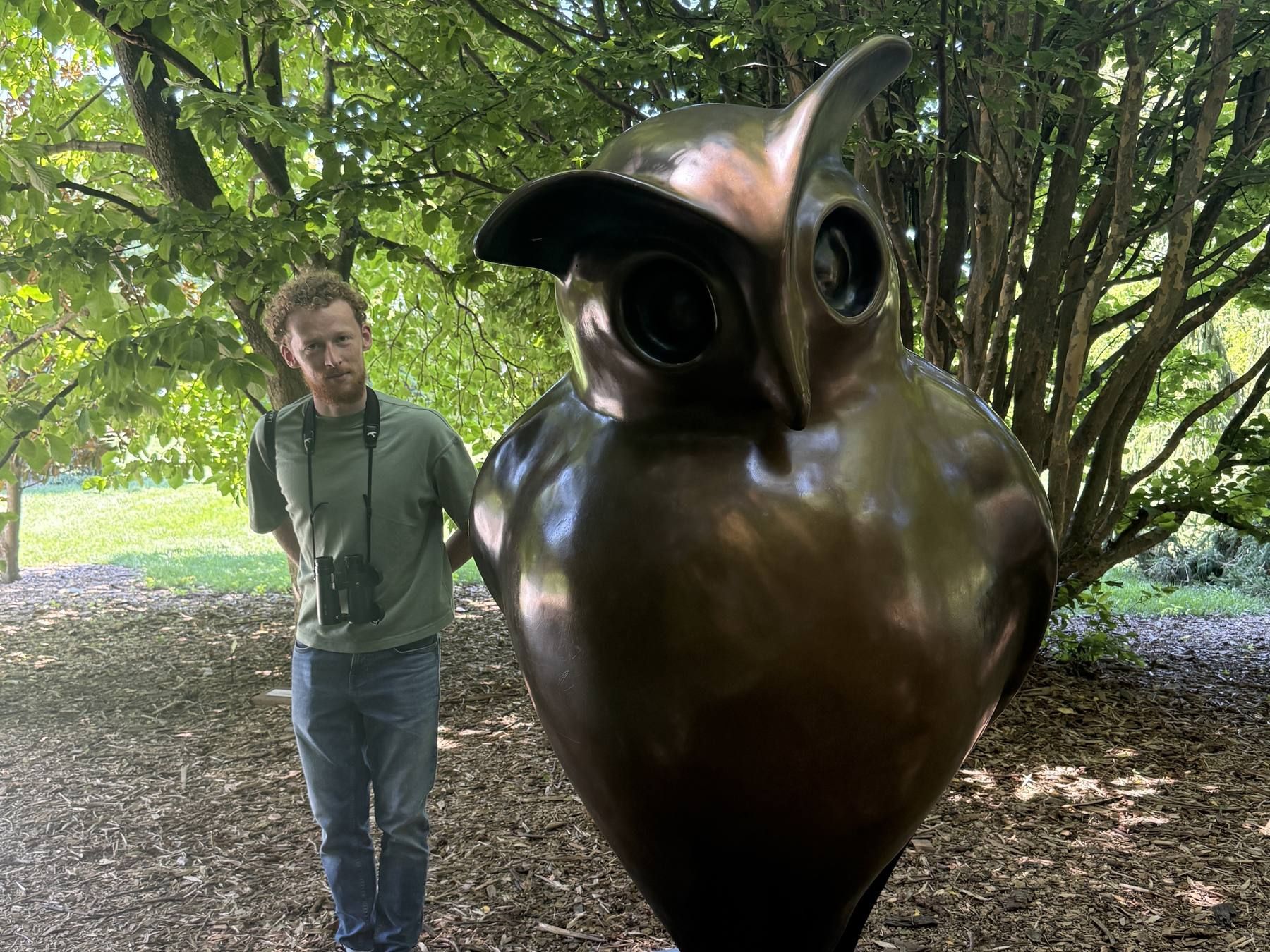 Liam standing next to an owl sculpture in a garden